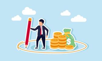 A businessman creating a circle around himself, stacks of coins, and a money bag, illustration of Providing protection or limits on business and company assets vector