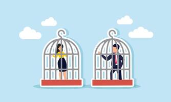 Business partners confined in a cage, limiting their freedom to act, Illustration concept of Constraints on business partners limiting collaboration and hindering growth vector