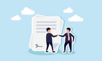 A businessman and his partner shaking hands in front of a contract document, illustration concept of Agreement between business partners for a project vector