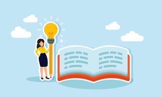 A businesswoman holding a pencil with a light, standing next to an open book, Illustration concept of Productivity in writing annual reports or business project documentation vector