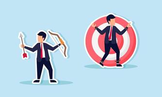 A businessman trapped in a target board, ready to be hit by a business partner, Illustration concept of Business competition requires vigilance to avoid being outpaced by rivals vector