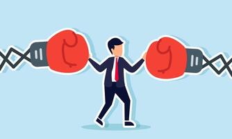 A businessman resisting punches from toy boxing machines from both sides, Illustration concept of Resisting pressure from multiple sources or challenges faced in business vector