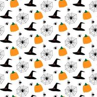 Pumpkins, spiders cobwebs and Witch hats Seamless pattern. Halloween greeting background texture Isolated illustration. Wrapping, wallpaper, packing or web, cards, poster, leaflet backdrop idea vector