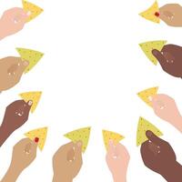 Hands of men and women of different race hold corn and spinach nachos in rectangular shape Copyspace. Abstract square frame border Isolated. Lettering, inscriptions, cards, posters, leaflet template vector