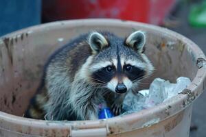 Raccoon Searching Through Trash Can Close Up photo