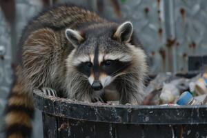 Close Up of a Raccoon Rummaging Through a Trash Can photo