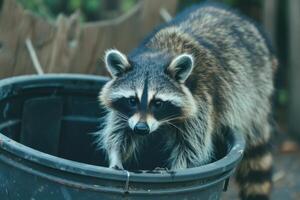 Close Up of a Raccoon Rummaging Through a Trash Can photo