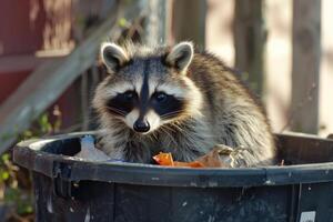 Raccoon Searching Through Trash Can Close Up photo