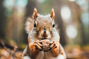 Close Up of a Squirrel Holding a Nut photo