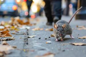 Rat Scurrying Across Sidewalk Near a Bench photo