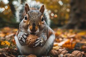 Squirrel with Nut in Paws Close Up photo