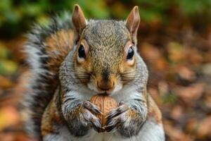 Squirrel with Nut in Paws Close Up photo