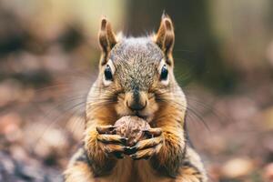 Close Up of a Squirrel Holding a Nut photo