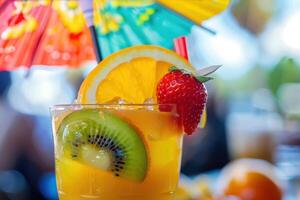 Vibrant Tropical Cocktail with Colorful Fruit Garnish photo