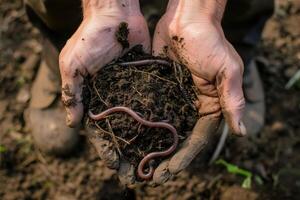 A Close Up of Hands Holding a Soil Sample with Earthworms photo