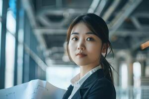 Asian Girl in Construction Uniform on the Job photo