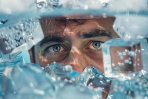 A Man Hiding from the Heat Inside a Glass of Water photo