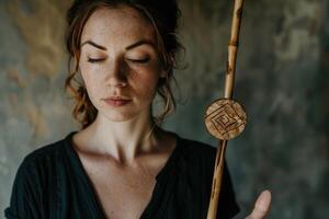 Symbols in Hand A Woman Displaying Two Sticks photo