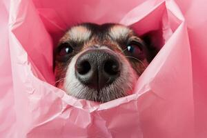 Cute Dog Hiding Its Nose Behind Pink Paper photo
