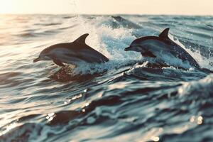 Graceful Dolphins Against the Sunset Waves photo