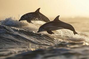 Beautiful Dolphins Swim on the Waves in Backlight photo