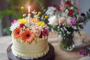 Commemorative Cake Featuring Single Candle and Memorial Flowers photo