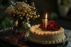 Elegant Cake with Candle and Memorial Bouquet Arrangement photo