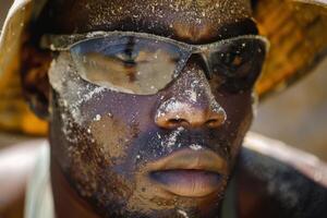 Close Up of Road Worker Suffering from Summer Heat photo