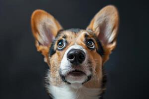 Furry Corgi Puppy Captured in a Cute and Surprised Portrait photo