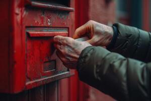 Closeup of a Male Hand Putting a Letter in a Red Mailbox photo