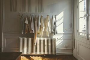 Laundry Drying on a White Radiator Inside the Room photo