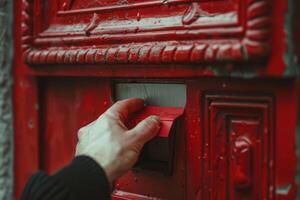 Male Hand Inserting a Letter into a Red Mailbox photo