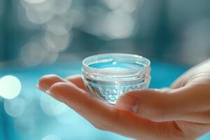 Hand Holding Contact Lens Solution and Container photo