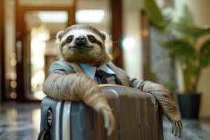 Relaxed Sloth Ready for a Holiday in a Suit and Suitcase photo
