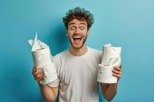 Excited Caucasian Man Holding a Pile of Toilet Paper photo
