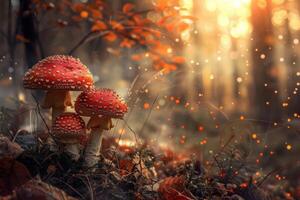 Fairy Tale Red Mushrooms in Morning Forest photo