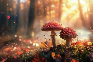 Fairy Tale Red Mushrooms in Morning Forest photo