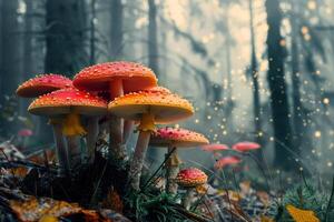 Enchanted Red Mushrooms in a Morning Forest Setting photo