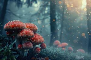 Enchanted Red Mushrooms in a Morning Forest Setting photo