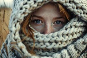 Girl Pulls a Large Knitted Sweater Over Her Head photo