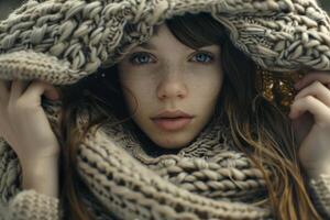 Girl Pulls a Large Knitted Sweater Over Her Head photo