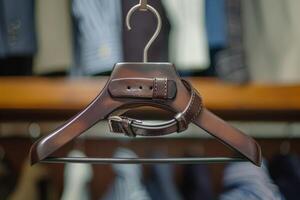 Classic Male Leather Belt Displayed on a Hanger photo