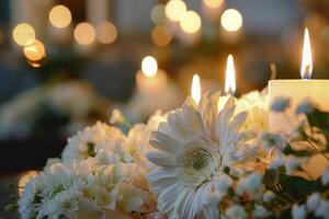 Elegant Memorial Setup with Candles and Floral Arrangements photo