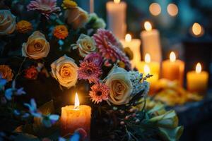 Elegant Memorial Setup with Candles and Floral Arrangements photo