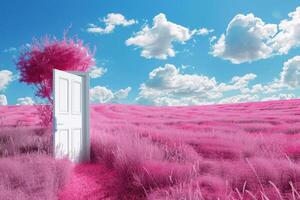 Outstanding White Door Open on Pink Grass Field Landscape photo