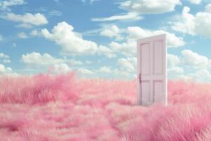 Unique White Door Opening onto a Pink Grass Field photo