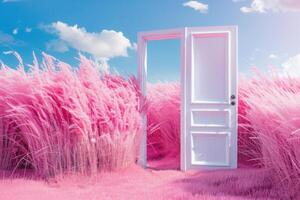Outstanding White Door Open on Pink Grass Field Landscape photo