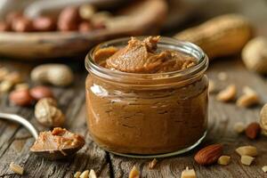 Peanut Paste in a Glass Jar with a Spoon photo