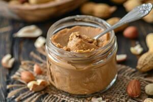 Smooth Peanut Paste Served in a Glass Jar photo