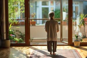 Back View of a Senior Man Engaged in Sun Salutation at Home photo